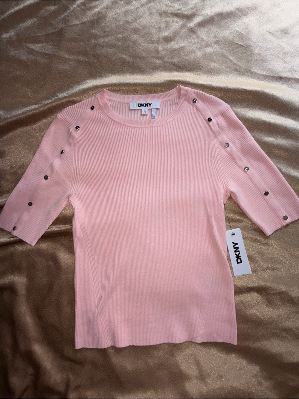 DKNY Light Pink Ribbed Short Sleeve Top with Button Detail